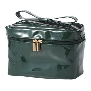 Green Faux Patent Leather Zip Top Makeup Case with Bow